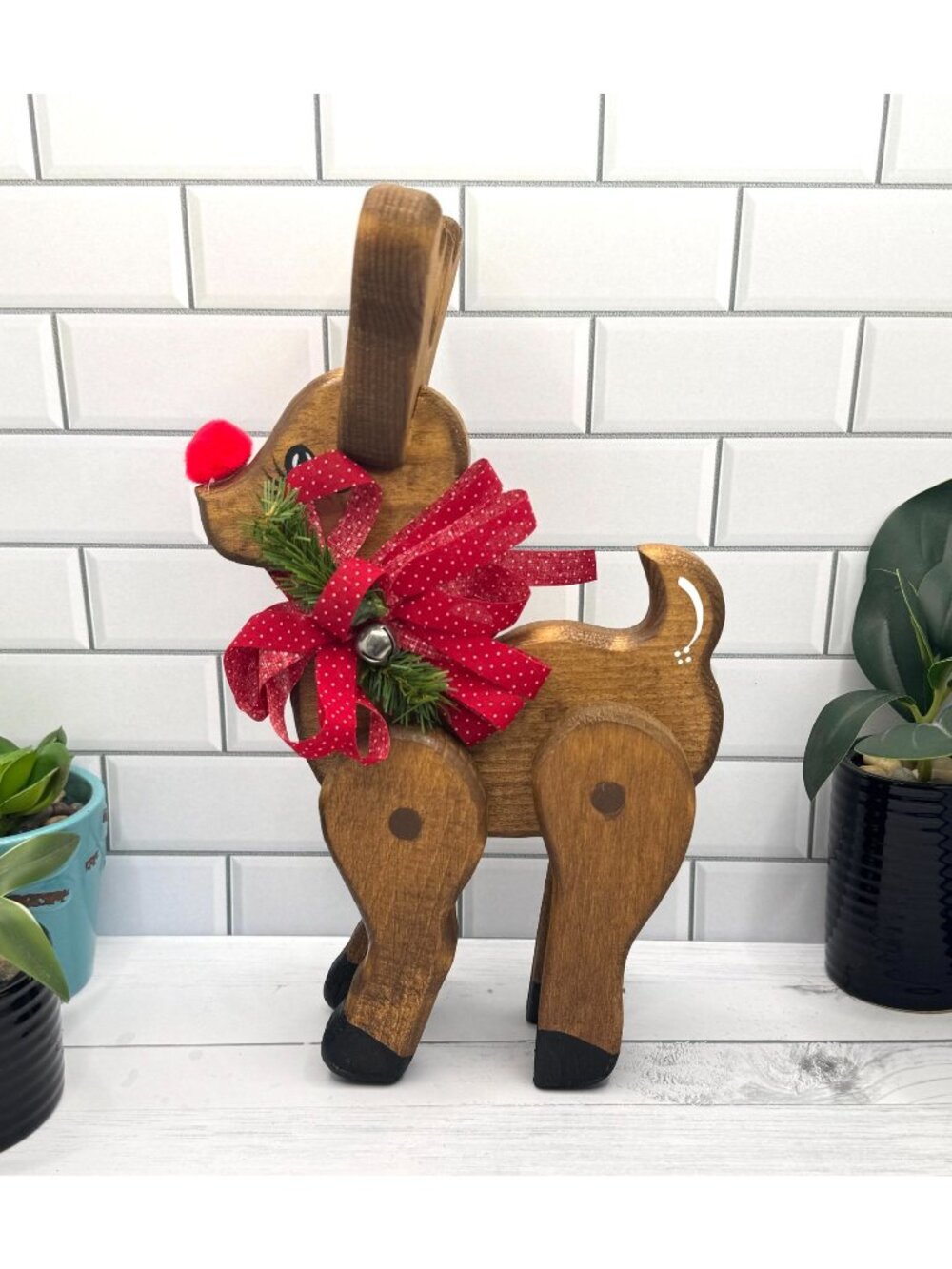 Handcrafted Wooden Reindeer Decor With Red Bow Bell & Painted Accents